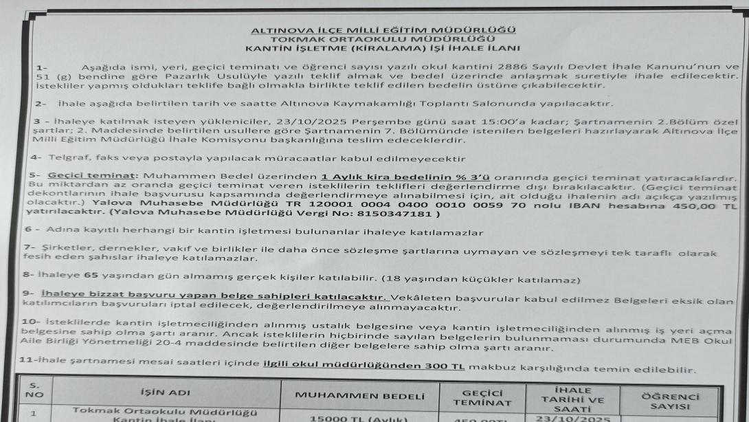 TOKMAK ORTAOKULU KANTİN İHALE DUYURUSU